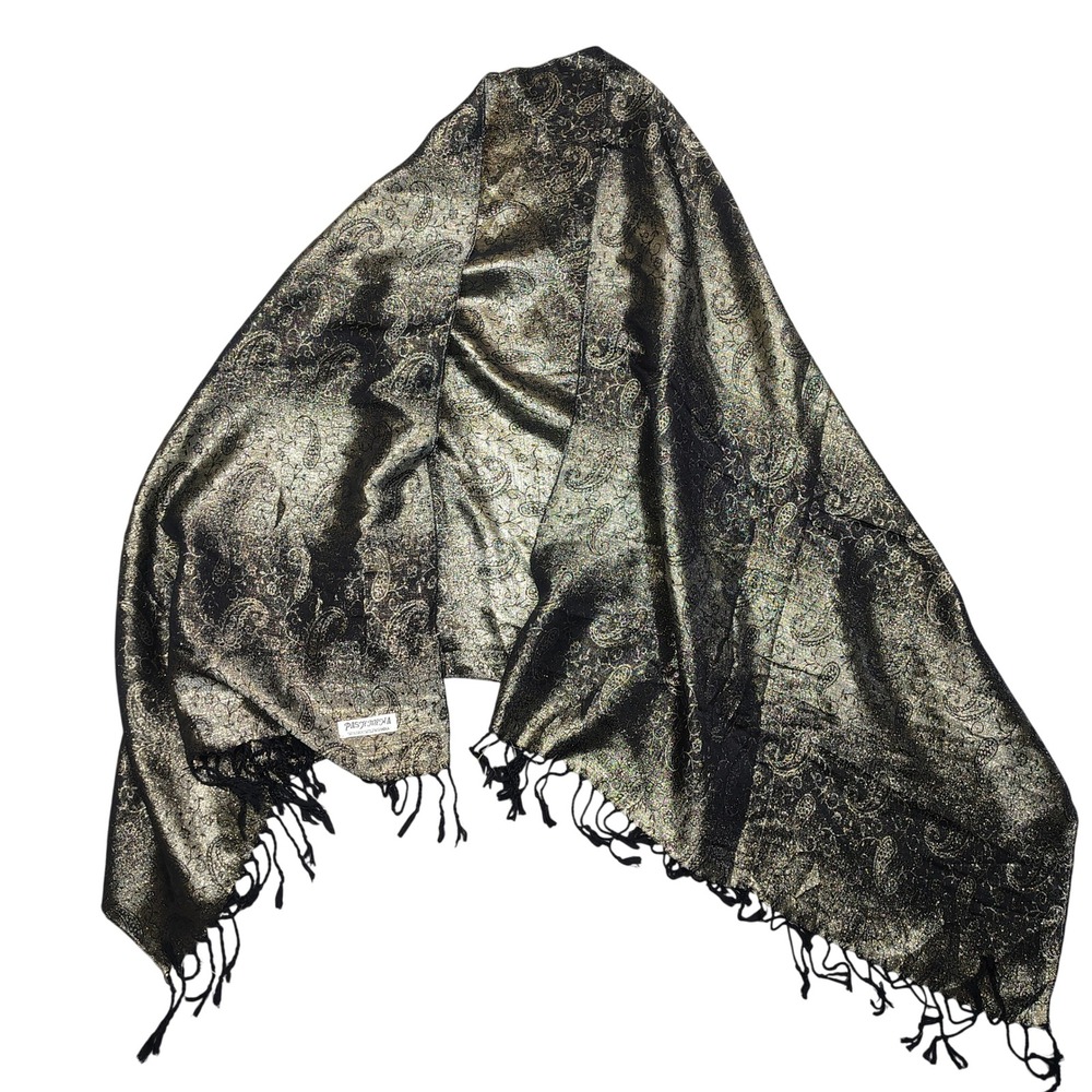 Pashmina Scarf Wrap Women OS Gold Black Metallic Paisley Silk Blend Fringed